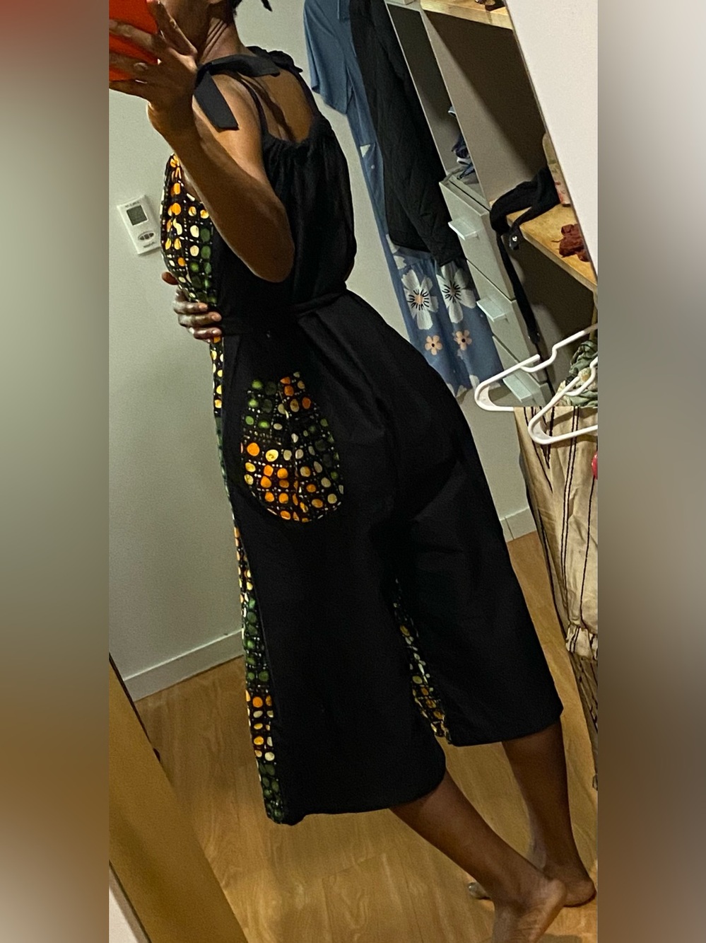 African Ankara Print Wide Leg Capri Jumpsuit with solid black back. Summer Vibe - Picture 5 of 12